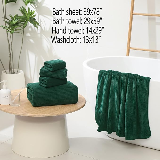 YTYC Towels,29x59 Inches Extra Large Bath Towels for Bathroom Super Soft Quick Dry Light Weight Waffle Microfiber Shower Towels 80% Polyester 20% Nylon (Dark Green,4 Piece)