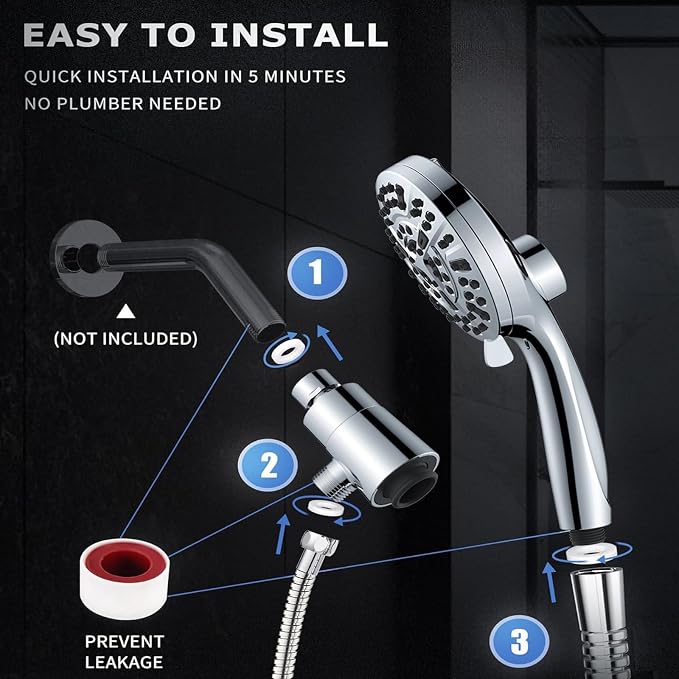 High Pressure Shower Head with Magnetic Back Fixed Base Design,Handheld Showerhead with Hose Set Stainless Steel 59 inches/5 ft 10-Setting 5 inches Large Face,Chrome Finish (Dual Magnetic)