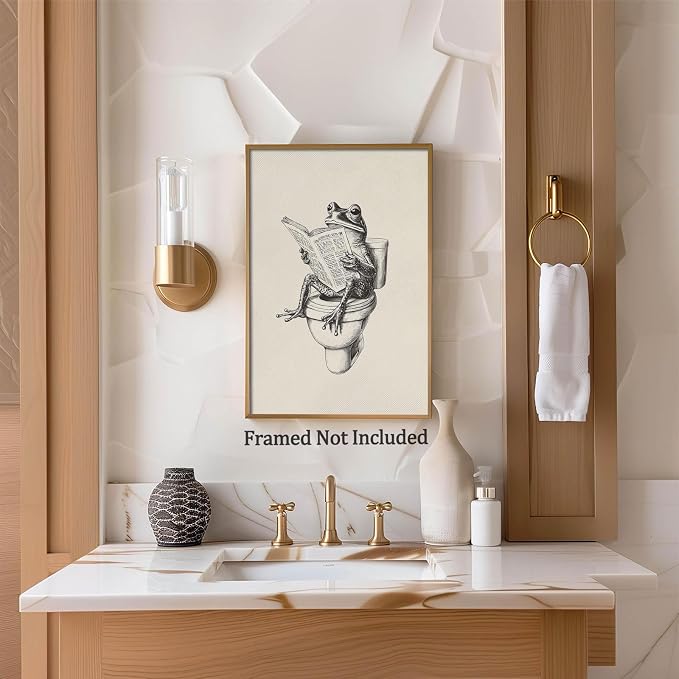 Frog on Toilet Poster – Funny Animal Bathroom Canvas Wall Art Quirky Black & White Frog Reading Newspaper Painting for Playful Restroom Living Room and Bedroom Decor 12X18 in Unframed