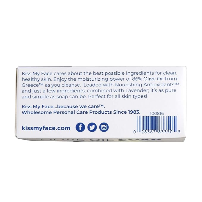 Kiss My Face Olive Oil Bar Soap, Non-GMO Certified Vegan Soap Bar, Antioxidant Rich and Moisturizing Soap, Olive & Lavender, 8 Oz Bar