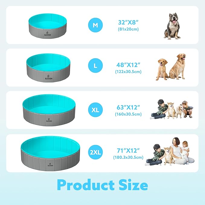 SLOOSH Foldable Dog Kiddie Pool - Portable Hard Plastic Doggie Swimming Pool, Anti-Slip Collapsible Pets Bath Tub Suitable for Kids Toddler Indoor Outdoor Backyard Use (Gray, 71" x 12")