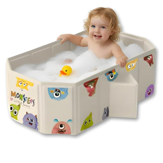 OhSoBig Collapsible Toddler Baby Bathtub - Foldable Portable Tub for Shower & Home, Non-Slip Base with Cushioned Bottom, Drain Plug, Space-Saving & Travel Bath Tub