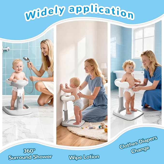 Baby Shower Stand with Seat - Adjustable Height Shower Standing Bath Support | Baby Bath Stand Soporte para Bañera de Bebé | Toddler Shower Stand Assist Holder for 8-36 Months