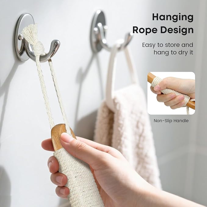 eaxun Bamboo Back Scrubber with Curved Long Handle, 17.3 Inches Exfoliating Shower Brush with Stiff Bristles for Men and Women, Back Washer Body Exfoliator for Bath or Dry Brushing
