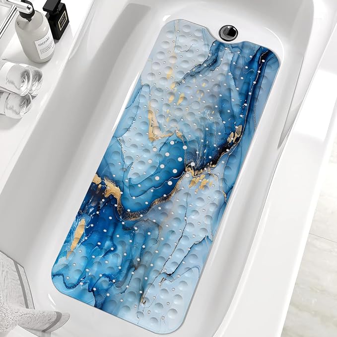 Marble Bath Tub Mat Non Slip, Blue Marble Non Slip Bath Mat for Shower, Large Washable Shower mats for Showers with Drain Holes and Suction Cups,40 X 16 Inch