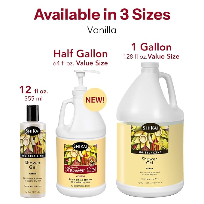 ShiKai Daily Moisturizing Shower Gel (Vanilla, 1 gallon) | With Hydrating Aloe Vera & Oatmeal | Scented Body Wash for Dry Skin Relief