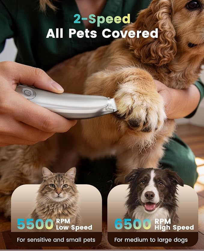oneisall Dog Paw Trimmer with LED Light, 35dB Low Noise Paw Clippers for Dogs & Cats, 2-Speed 6500 RPM Cordless Rechargeable Trimmer with Curved Safety Blade for Between Toes & Sensitive Areas