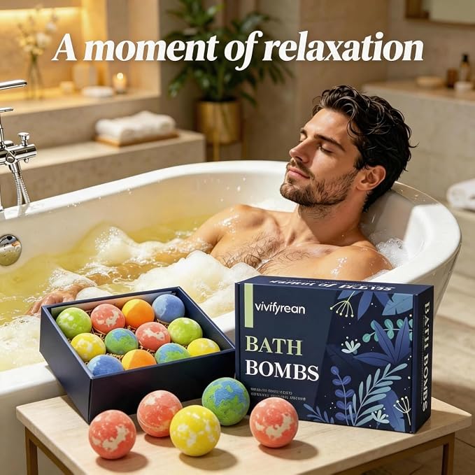 Bath Bombs for Men and Boys, Anniversary Birthday Gift Set, Stress Relief Bath Soak, Muscle Pain Relief, Organic Bath Bombs, with Essential Oils, Epsom Salt and Vitamin C, Non-Toxic, 6 Scents, 12 Pack