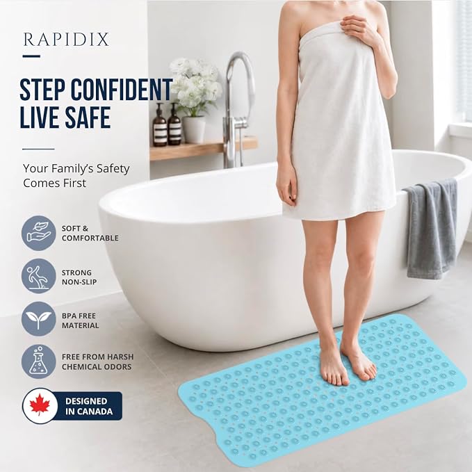 Non-Slip Bathtub Mat – 39"x15.5" Extra Long Shower Mat with Powerful Suction Cups & Drain Holes, Machine Washable Bath Mat for Tub, Foot Massage Texture, Helps Keep Tubs Clean, Blue