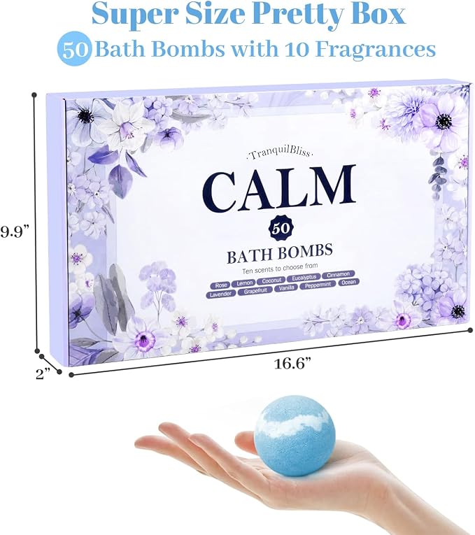 TranquilBliss Bath Bombs Set 50 PCS with 10 Rich Scents, Bath Bombs for Women, Natural Bubble Bombs with Shea Butter & Safe Oil, Ideal for Mother's Day, Valentine's Day, Birthday Present (Purple)