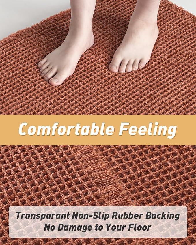 AMOAMI Upgraded Waffle Bath Mat, Super Absorbent Non Slip Bath Mats for Bathroom Floor, Machine Washable Bathroom Rugs with Tassels, Rubber Backed Bathroom Mats, Ultra Soft, 20" x 32", Dirty Orange