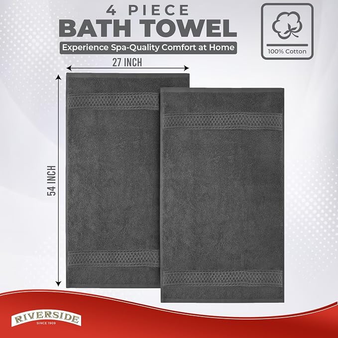 RIVERSIDE 100% Ring Spun Cotton Large Bath Towels Set of 4, 27 x 54 Inches – Quick Dry, Soft & Highly Absorbent Towels for Shower & Bathroom – Luxury 600 GSM Towels for Home, Spa, Gym, Hotel, Gray