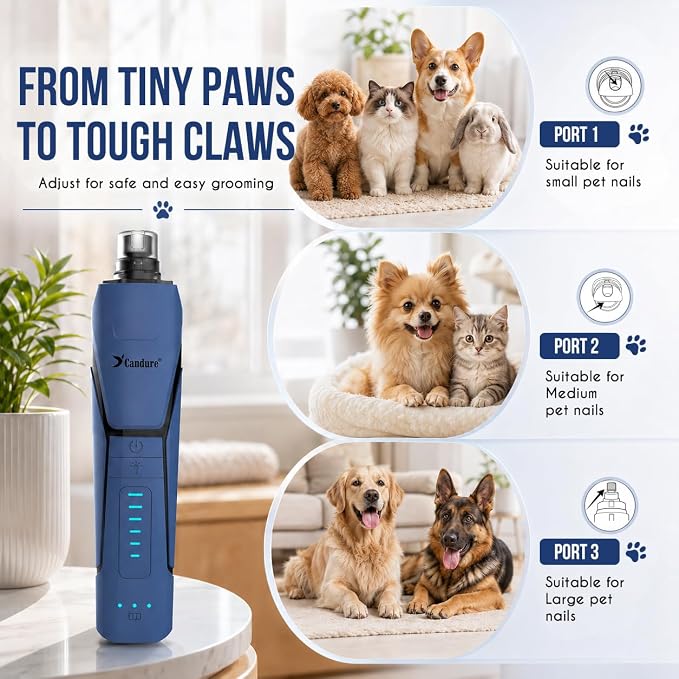 Candure Whisper Quiet Dog Nail Grinder with 360 Degree LED Light, 6-Speed Rechargeable Pet Nail Trimmers with Extra Grinding Head for Safe, Stress-Free Grooming for All Pet Sizes