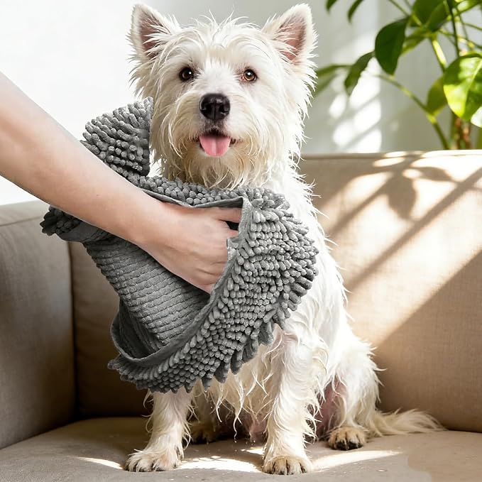 6 Pack Dog Towels for Drying Dogs, Bath Supplies Bath Grooming Kit for Pets, Pet Bath Towel Super Absorbent Set with Hair Brush, Washing Gloves for Large or Small Cats,Beige