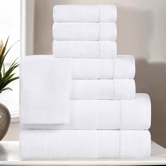 Superior Belmont Zero Twist Cotton Medium Weight Towels, for Guest Bath, Bathroom, Shower, Spa, Plush, Quick Dry, Ultra-Soft Towels, Bath Essentials, Thick Border, 8 Piece Assorted Towel Set, White