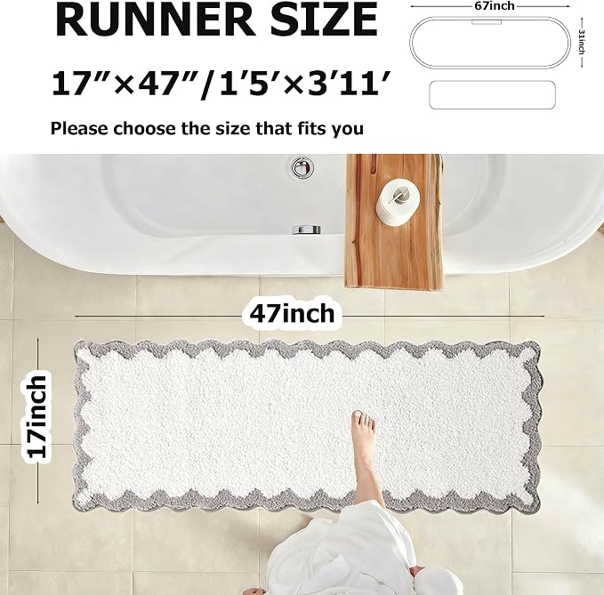 ORTIGIA Long Cute Scalloped Bathroom Rugs Runner, Fun White and Gray Plush Microfiber Scallop Bath Mats Non Slip Washable Quick Dry Absorbent, Rug Carpet for Bathtub Sink Laundry Room Bedroom, 17x47