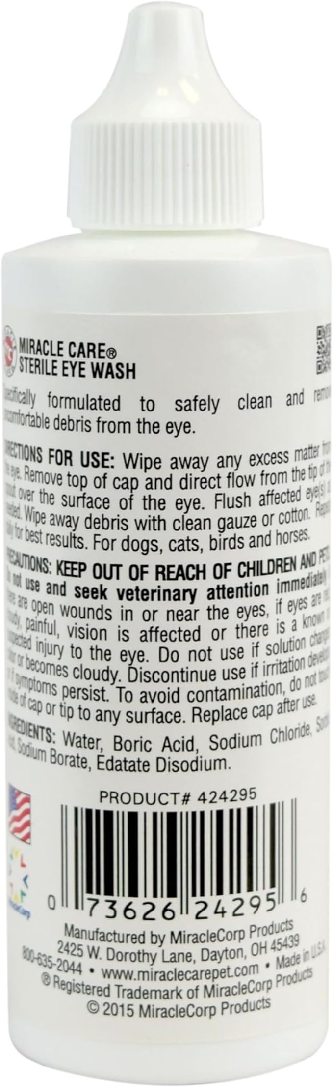 Miracle Care Sterile Eye Wash for Dogs and Cats, 4 Ounce | Non-Stinging Eye Drops Flush and Sooth Eye Irritation and Remove Debris, Safe for Use In and Around Eye Area