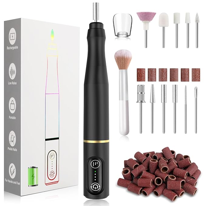 TUOBEO Cordless Nail Drill Electric Rechargeable File Kit, Professional Efile Acrylic Gel Nail Polish Remover Pedicure Manicure Machine Portable Set with 11 Bits 56 Sanding Bands for Salon Black