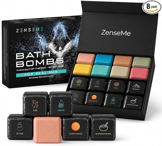 Bath Bombs for Men - Gift Set of 8 Scented Organic Handmade Natural Bath Bombs of 2.5 oz w/Natural Essential Oils, Unique Extra Strength Manly Scents, for Boyfriend, Husband, Father - Square Shape