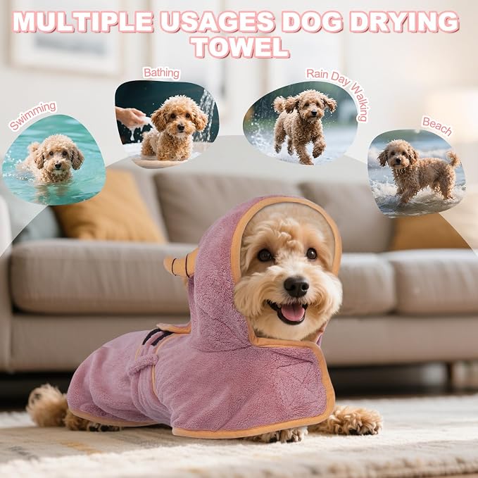 DENTRUN Dog Robes for After Bath Super Absorbent Fast Drying Coat with Hood | with Hood, Bathrobe Beach Essentials, Bath Towel for S/M/L dogs, Bath/Beach/Swimming Towel, Quick Dry Robe, XS-XXL
