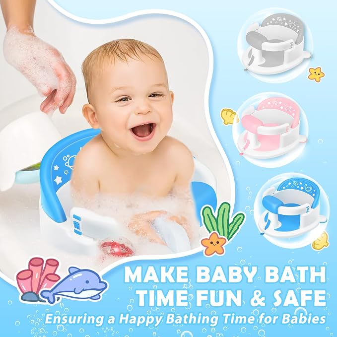 Baby Bath Seat 6M+, Non-Slip Cushion, CPSC Certified, 5-Pc Set, Blue | BPA-free PP+TPR, easy-release handle, ergonomic backrest, lightweight & portable, available in blue