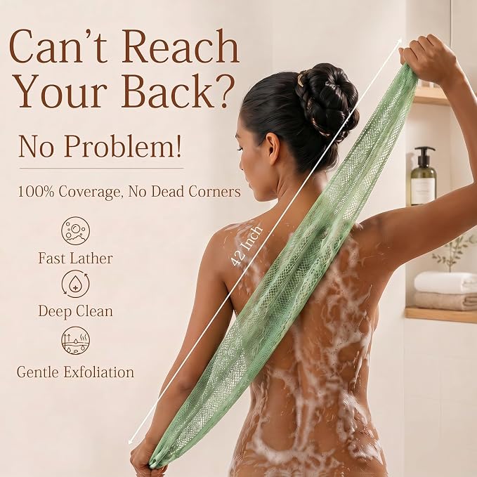 SheeChung African Net Sponge Authentic, Long Exfoliating Wash Cloths Shower Loofah Bath Sponge, 2 Pack Body & Back Scrubber for Women and Men (Sage Green & Olive Green)