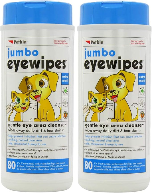 Petkin Jumbo Pet Eye Wipes, 80 Extra Moist Wipes, 2 Pack - Natural Formula Gently Removes Dirt, Discharge, & Tear Stains - Safe, Convenient, & Easy to Use Pet Wipes for Dogs, Cats, Puppies & Kittens
