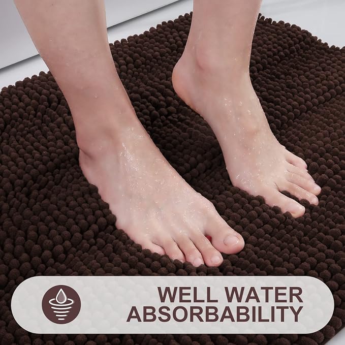Grandaily Chenille Striped Bathroom Rugs 47x32, Extra Thick and Absorbent Bath Mats, Non-Slip Soft Plush Shaggy Shower Carpet, Machine Wash Dry, Bath Rug for Bathroom, Brown