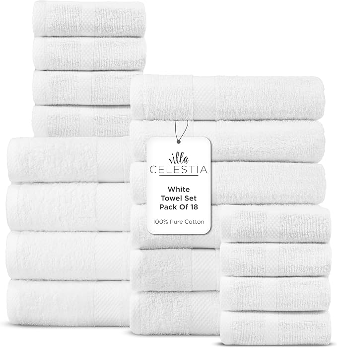 18-Piece 100% Cotton Towel Set, 4 Bath Towels, 6 Hand Towels, 8 Wash Cloth, Quick-Dry, White
