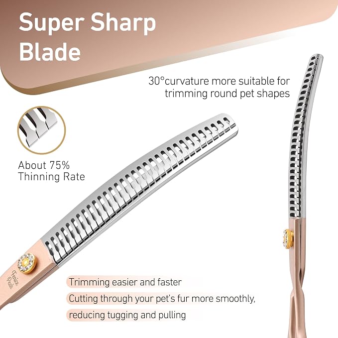 Professional Curved Chunker Dog Grooming Scissors 8.0'' Rose Gold Thinning Shears Extremely Sharp Blades 440C Stainless Steel Thinning Shears Durable Smooth Fine Cut for Dogs and Cats.
