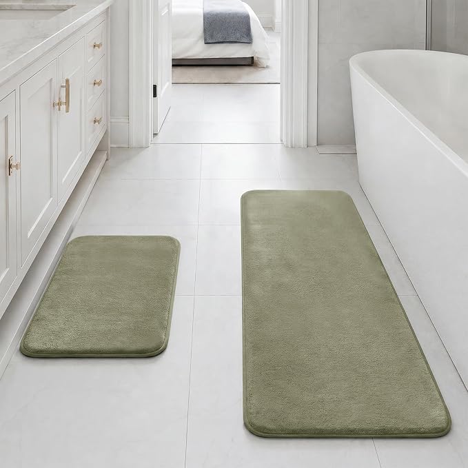 HUXMEYSON Bathroom Rugs Sets 2 Piece, Non-Slip & Quick Dry Bath Mat Set, Ultra Soft Velvet Bath Rugs for Bathroom, Toilet and Shower Floor, Olive Green
