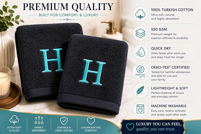 Personalized Bath Towels Set of 2 - Customized Turkish Bath Towel - Cotton Towel Set -Monogrammed Towels with Initials Name Embroidery - 30x56 inch -Thanksgiving Gifts (Navy, Bath Towels - Set of 2)
