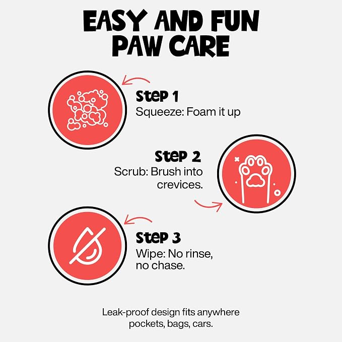 Dog Paw Cleaner for Dogs & Cats, No Rinse Foaming Paw Wash with Silicone Brush, Gentle Unscented Foam Cleanser for Muddy, Dirty Paws, Cleans Between Toes, No Water Needed (5 fl oz)