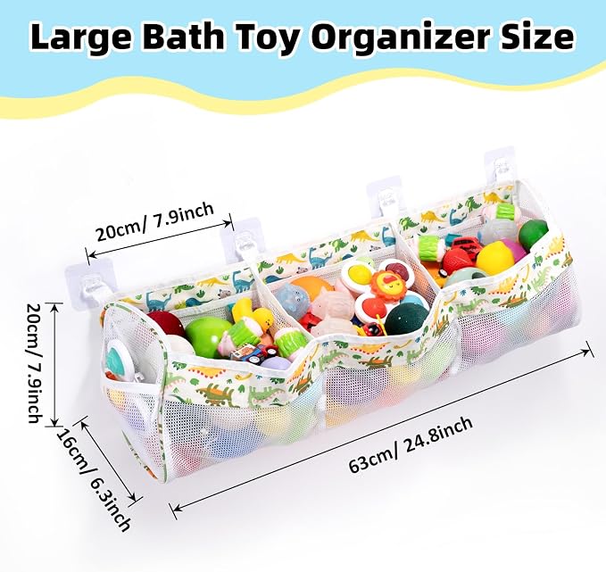 Bath Toy Organizer,3 Compartment Horizontal Large Bath Toy Storage with 4 Suction Hooks,Baths Toys Storage Holder Bag Tidy for Accessing & Sorting Toys,Dinosaur