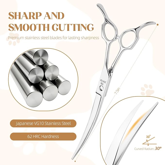 Curved Dog Grooming Scissors 7.5 Inch VG10 Steel | Smooth controlled cuts for face, paws, ears and body; comfortable grip for detailed shaping