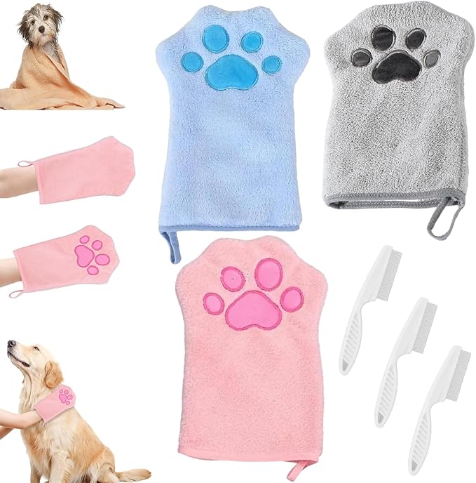 Paw Bathing Towel for Cats, Ultra Soft Microfiber Pet Bath Towel Gloves for Muddy Paws, Ears, Coral Fleece Pet Towel, Quick-Dry Cat Drying Towel, Lint-Free Absorbent with Hanging Loop (blue+pink+grey)