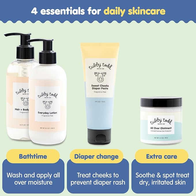 TUBBY TODD Baby Bath & Skincare Kit - The Baby Bundle - Shampoo and Body Wash, Everyday Lotion 8.5 Oz, All Over Ointment 3.5 Oz & Diaper Paste Cream 7.9 Oz Gift Set - Lavender Rosemary