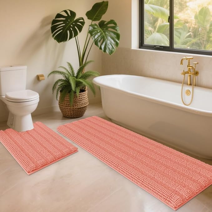 ACCUMTEK Striped Coral Toilet Bathroom Rug Mat Set 2 piece Rug Ultra Soft, Non Slip Chenille Bath Rugs, Absorbent Plush Shaggy Bath Mats for Bathroom, Bedroom, Kitchen, Shower, Tub