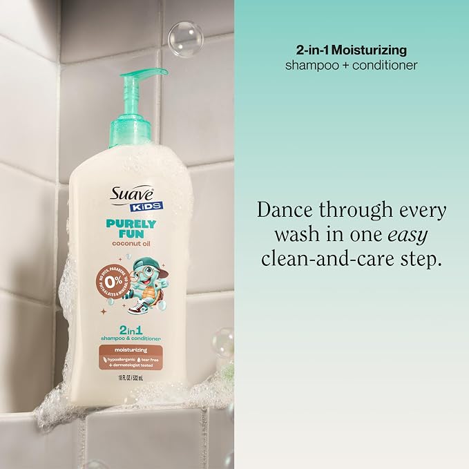 Suave Kids Purely Fun 2 in 1 Shampoo and Conditioner with Coconut Oil, Tear-Free, Hypoallergenic, Gentle Hair Care for Kids with Sensitive Scalps, 4 Count, 28 FL OZ