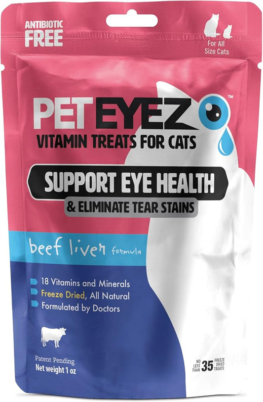 PetEyez Freeze Dried Cat Treats Tear Stain Remover, All-Natural Freeze Dried Beef Liver Treats with Vitamin & Minerals That Help Fights Against Tear Stains in Eye, 1 Oz, 35 Count (1 Pack)