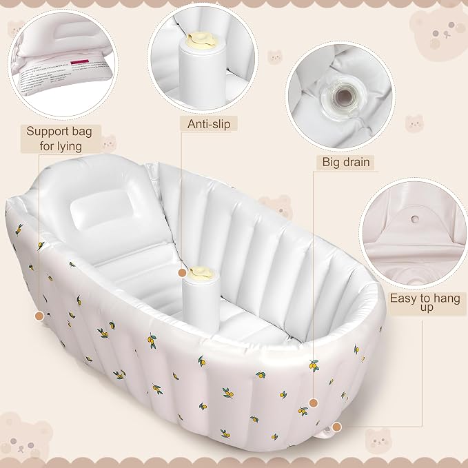 MINK Inflatable Baby Bathtub for Toddlers and Kids - Self-Inflating Design, No Pump Needed, Press Center to Inflate - Portable Collapsible Travel Baby Tub for Newborns to 36 Months(Olive Bath)