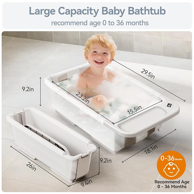 Collapsible Baby Bathtub - Large Capacity Baby Bath Tub with Thermometer & Soft Cushion | Portable Travel Newborn Infant Bathtub | Foldable Toddler Bathtub for Baby 0 to 36 Month, no stand, Light Grey