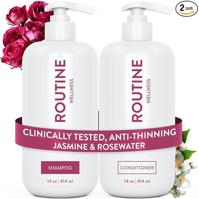 Routine Wellness Anti-Thinning Shampoo & Conditioner - Jasmine & Rosewater | Clinically tested shampoo for thinning hair with biotin, pea peptides, saw palmetto oil, color safe, sulfate free