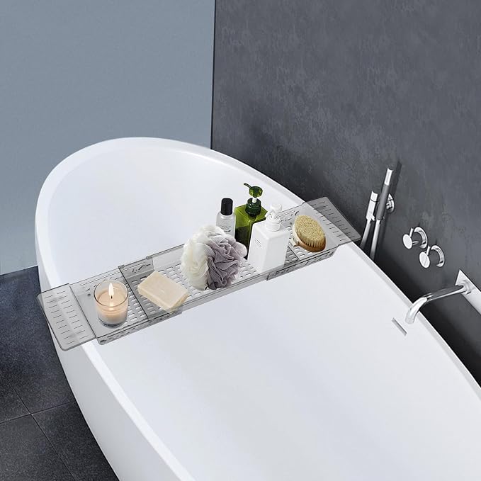 Bathtub Caddy Tray, Expandable Bath Shelf with Book and Wine Holder, Clear Gray Acrylic Bathtub Tray for Bathroom, 22.24-31.5 Inch Adjustable