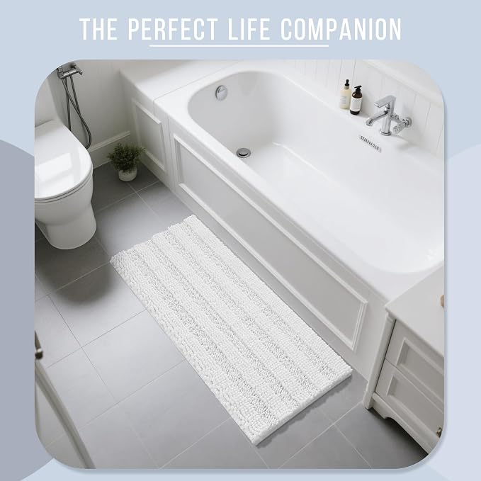 Yimobra Bathroom Runner Rugs 55"x24", Non Slip and Absorbent Bath Mat, Super Soft Water Absorbent Hallway Carpet, Machine Washable Rug for Vanity Tub Shower, White