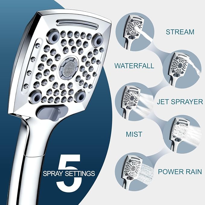 ELLO&ALLO Shower Head with Handheld, High-Pressure Handheld Shower Head with 5 Spray Modes, 59-Inch Stainless Steel Hose & 360° Adjustable Bracket Perfect for Pet Bathing, Baby Care & Shower Cleaning