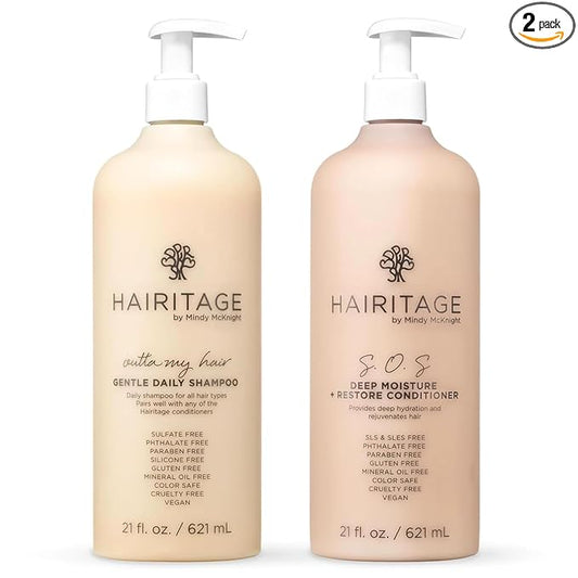 Hairitage Gentle Daily Moisture Shampoo and Conditioner Set - Split End + Bond Strengthening for Dry, Damaged Hair with Jojoba Oil - Anti-Frizz and Color Safe - Cherry + Amber Scent (21oz. 2-pack)
