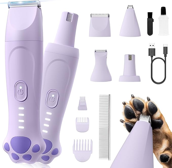 Dog Paw Trimmer - 4-in-1 Dog Clippers Grooming Kit with Low Noise & IPX7 Waterproof Design Includes Comb Paw Trimmer Nail Grinder - Rechargeable & Cordless Pet-Friendly Clipper (Purple)