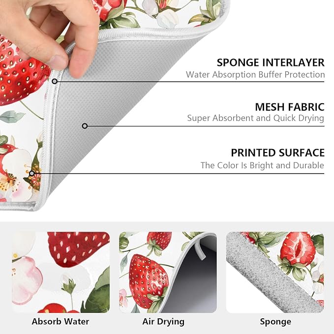 Cute Watercolor Strawberries Dish Drying Mats for Kitchen Counter Large Drying Mat for Dishes Microfiber Dish Rack Mat Drainer Pad Washable Foldable Ultra Absorbent Dry Mat 24"x18"