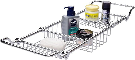 Brass Expandable Bathtub Caddy Over Tub Rack with Chrome Polished Finish for Elegant Bath Storage